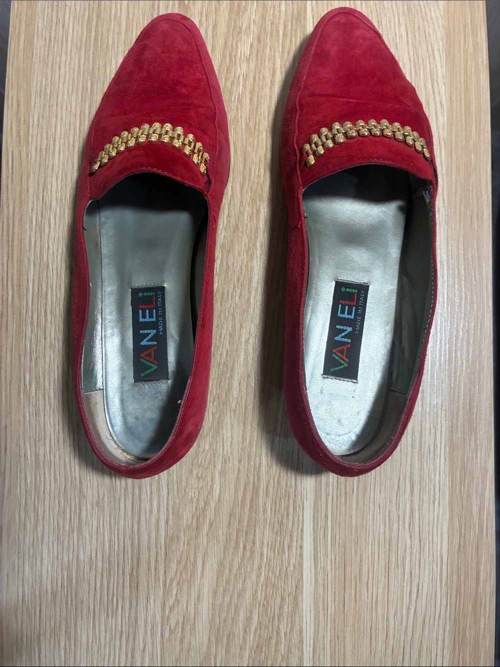 Van Eli Red Suede Loafers with Gold Chain Detail